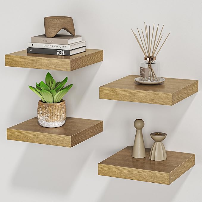 Square Floating Shelves for Wall, 8" W x 8" D x 1.2" H, Small Wooden Wall Mounted Display Shelves with Invisible Brackets for Living Room, Bedroom, Bathroom, Kitchen Decor, Set of 4, Oak-Ruum Studio Home