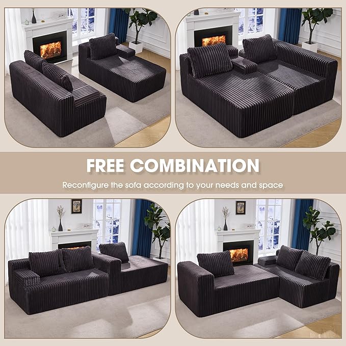 Hobestluk 96” Modular Sectional Sofa Couches L-Shape Couch 3 Seat Modular Sofa Memory Foam Sectional Couches for Living Room, Cloud Couch with Oversized Chaise (Grey, Stripe (Right Facing Chaise))-Ruum Studio Home