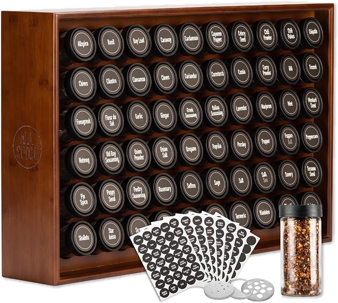 AllSpice Spice Rack Organizer, Wood, 525 Unique Labels, Countertop or Wall Mount, Includes 60 4oz Jars- Walnut Stain-Ruum Studio Home