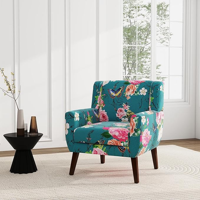 UIXE Floral Accent Chair, Modern Upholstered Armchair in Fabric for Living Room, Comfy Club Arm Chairs Single Sofa Button Tufted Bedroom Reading Seat - Pattern Blue, Set of 1-Ruum Studio Home