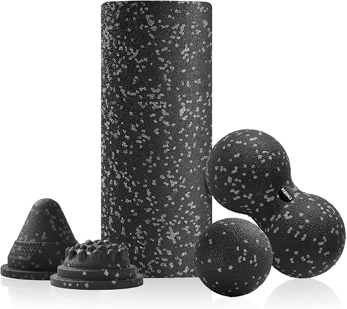 5 in 1 Foam Roller Set with Peanut Massage Ball, Curved Muscle Brush - Yoga Roller, Massage Ball, Trigger Point Triangle for Deep Tissue Relief (Black Gray)-Ruum Studio Home
