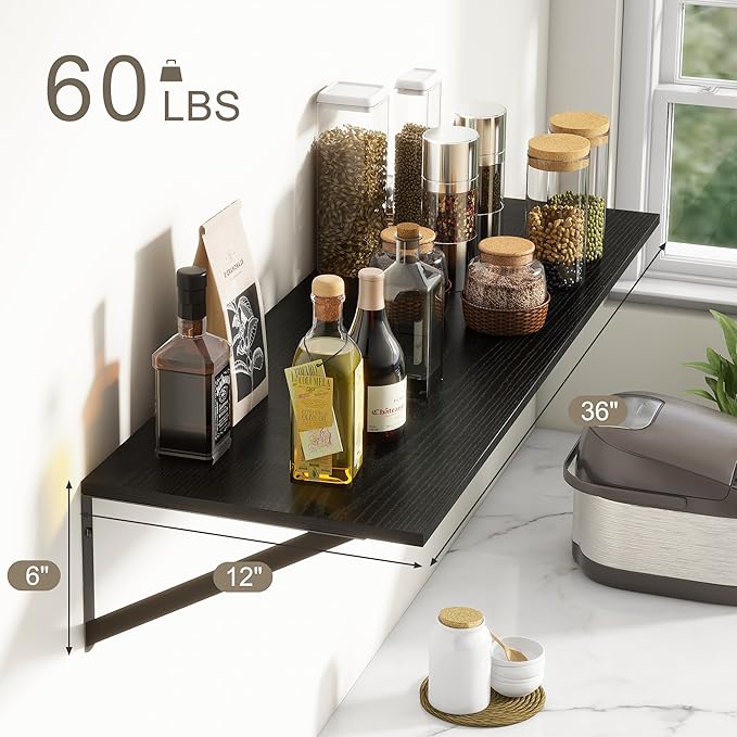 36"W x 12"D Floating Shelves, Black Deep Floating Shelves for Wall with Brackets, 12 Inch Deep Wall Shelves for Books, Wide Display Storage Shelves for Bathroom, Living Room, 36 Inch Long, Set of 2-Ruum Studio Home