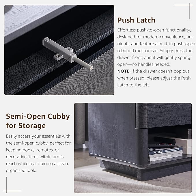 Nightstand with Charging Station, 22" Push-to-Open Bedside Table with 2 Storage Drawers, Large Modern End Table for Bedroom,Black-Ruum Studio Home