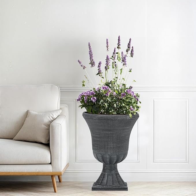 22" Timeless Urn Planters for Outdoor Plants, Set of 2 Plastic Large Flower Pot with Handmade Washed Black Finish, Weather-Resistant for Porch, Garden, Patio or Indoor Use-Ruum Studio Home