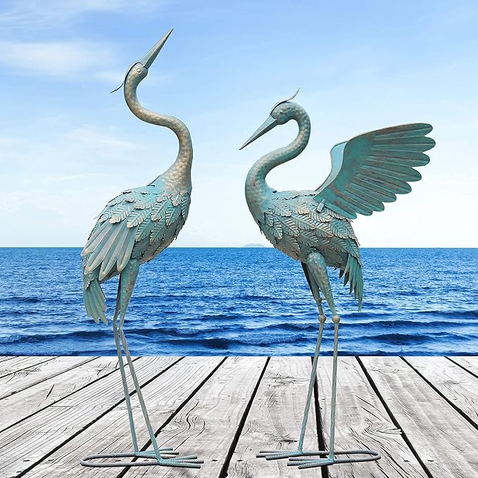 33-37 Inch Metal Crane Garden Statue Décor, Bird Garden Sculpture & Statues, Outdoor Decoration for Yard Patio Lawn Backyard Pool, Vintage Spread Wings Crane, Set of 2-Ruum Studio Home