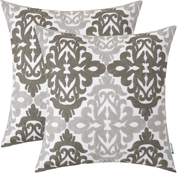 HWY 50 Gray Grey Decorative Throw Pillow Covers 18x18 Inch, Pack of 2 Embroidered Cotton Farmhouse Cushion Cover Pillow Case for Sofa Couch Living Room Bed Bedroon, Accent Geometric-Ruum Studio Home