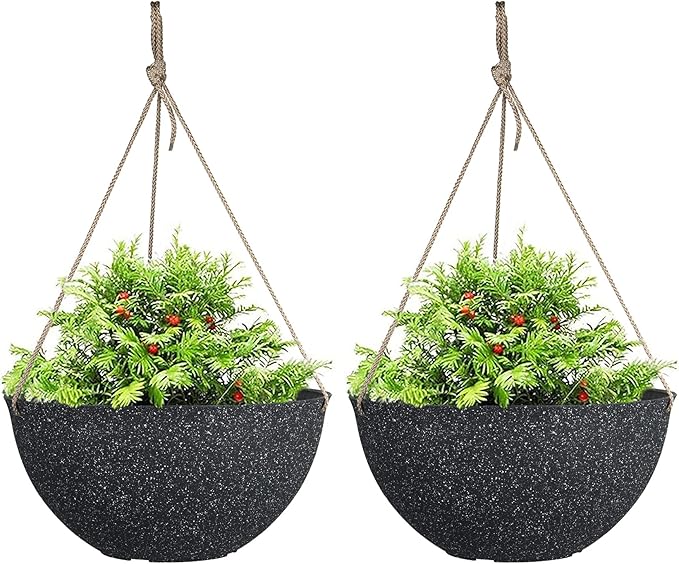 LA JOLIE MUSE Large Hanging Planters for Outdoor Plants - 13 Inch Hanging Basket for Patio Set of 2, Speckled Black-Ruum Studio Home