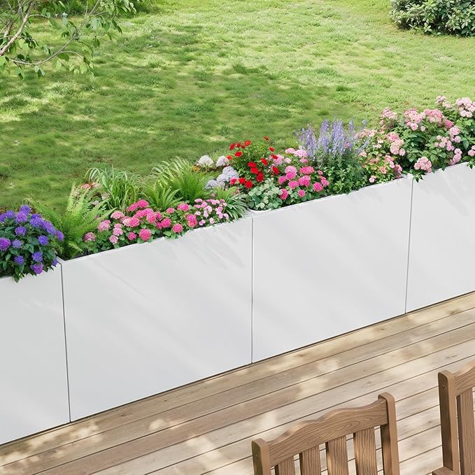 Stoog 38" Large Planters for Outdoor Plants, All-Weather Rectangular Metal Planter Box with Removable Insert Shelf, and Modern Design – Ideal for Plants, Flowers, Vegetables, Garden, White-Ruum Studio Home