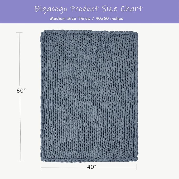 Bigacogo Chunky Knit Throw Blanket for Couch, 40x60 inches, 100% Hand Knitted with Thick Jumbo Chenille Yarn, Cozy Soft Large Rope Knot Cable Crochet Blankets for Sofa Bed Living Room, Cold Sea Blue-Ruum Studio Home