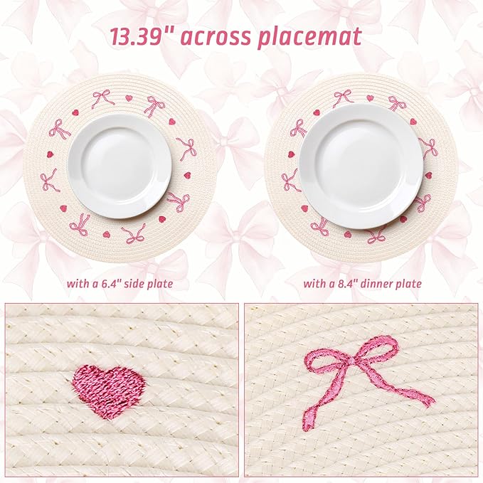 Whaline 4Pcs Round Placemats White Pink Bow Embroidered Place Mats Coquette Bowknot Heart Dinner Table Mats for Home Wedding Baby Shower Birthday Party Decor-Ruum Studio Home