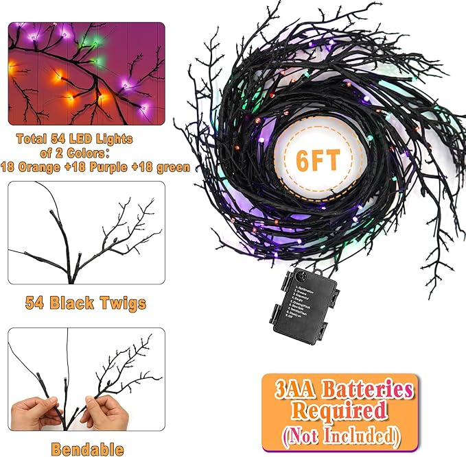 [ Timer & 8 Modes ] 6 Ft 54LED Halloween Willow Vine Twig Decor Branches Garland Decorations Orange ＆ Purple ＆ Green Lights -Battery Operated Garland for Indoor Wall Fireplace Halloween Decorations-Ruum Studio Home