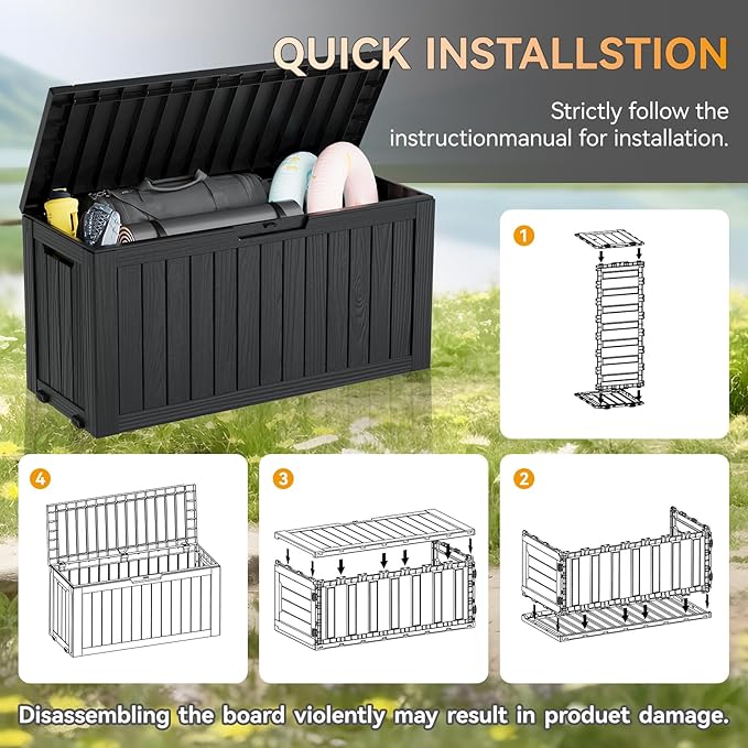 KAMABOKO Deck Box, 75 Gallon Resin Indoor and Outdoor Storage Boxes Waterproof for Garden Tools, Pool Accessories Storage Bench, Patio Furniture and Cushions with Lockable Lid, Black-Ruum Studio Home