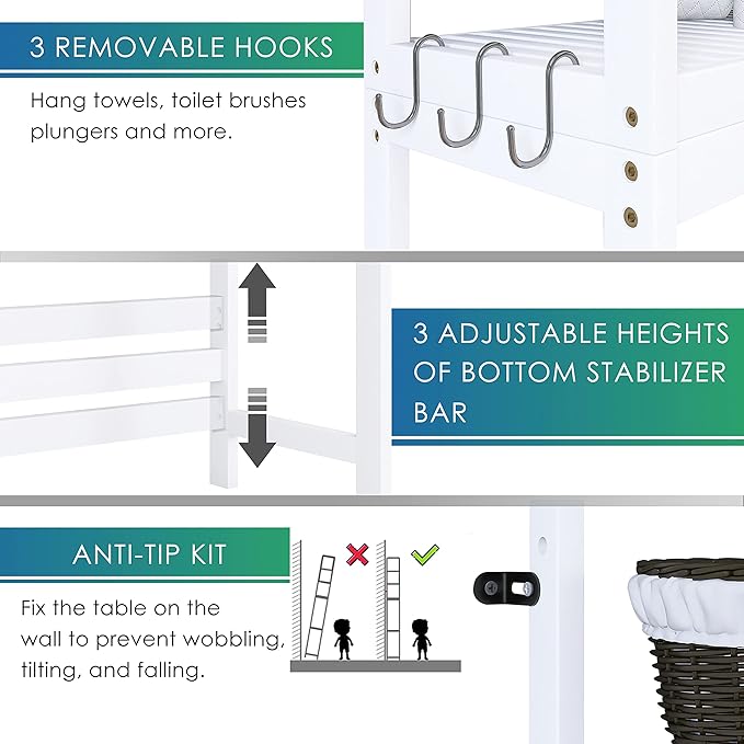 SMIBUY Bathroom Storage Shelf, Bamboo Over-The-Toilet Organizer Rack, Freestanding Toilet Space Saver with 3-Tier Adjustable Shelves (White)-Ruum Studio Home