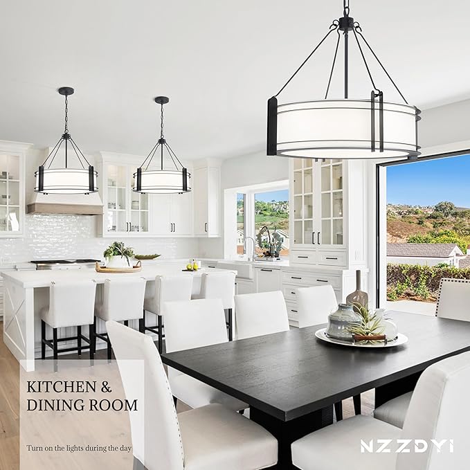 20.4''Drum Chandelier,5-Light Fabric Modern Chandeliers,Black Farmhouse Round Pendant Light Fixture for Dining Room Kitchen Island Living Room Bedroom Hallway-Ruum Studio Home
