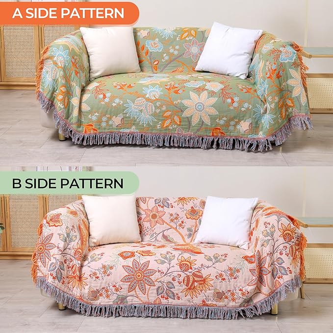 Boho Fall Throw Blanket for Bed，100% Ultra Cotton Soft Breathable Bed Throw Floral Printed Farmhouse Decor Rustic Bed Throws for Couch Sofa Quilt 60" x 80"-Orange& Sage Green-Ruum Studio Home