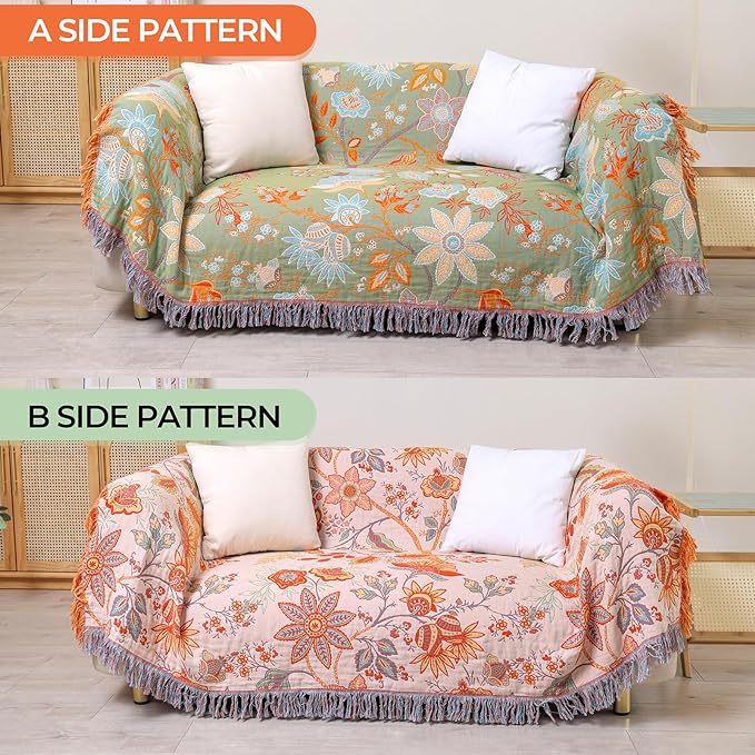 Boho Fall Throw Blanket for Bed，100% Ultra Cotton Soft Breathable Bed Throw Floral Printed Farmhouse Decor Rustic Bed Throws for Couch Sofa Quilt 90" x 98"-Orange& Sage Green-Ruum Studio Home