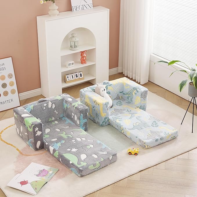 Toddler Chair Kids Couch, 2-in-1 Toddler Soft Sherpa Couch Fold Out Armchair with Removable Cover, Convertible Reading Chair Toddler Sofa for Kids, Glow in The Dark Plush Grey Dinosaur-Ruum Studio Home