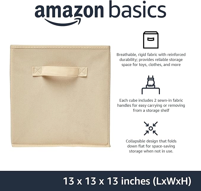 Amazon Basics Collapsible Fabric Storage Cube Bins Organizer with Handles, Sturdy, Beige, 13-x-13-x-13-inch, Pack of 6-Ruum Studio Home