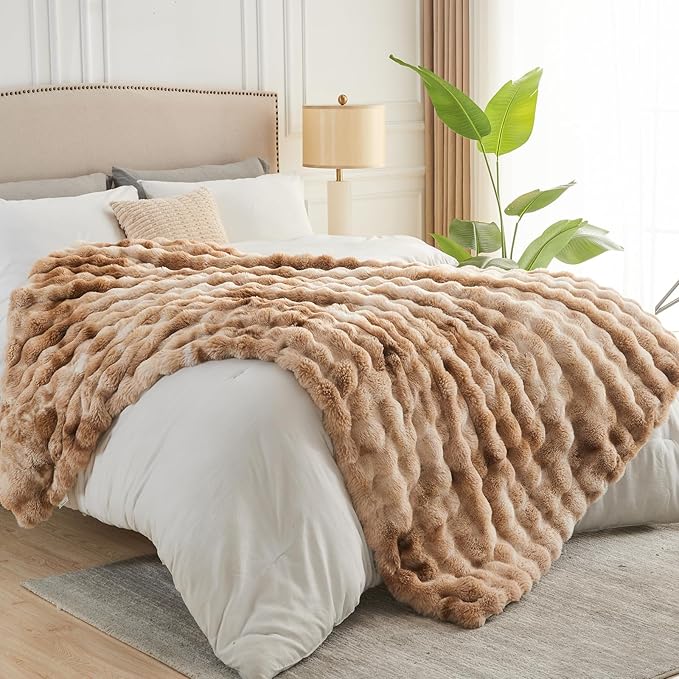 NEWCOSPLAY Faux Fur Twin Blanket Tie-dye Beige Luxury Fluffy Thick Warm Bubble Blanket for Couch Sofa Bed 700GSM (Tie-dye Beige, Twin(60"x80"))-Ruum Studio Home