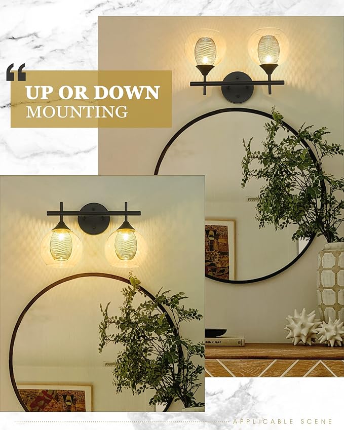 Black and Gold Bathroom Light Fixture, Farmhouse Wall Sconce Lighting with Clear Glass and Honeycomb Metal Shade, 2-Light Black Brass Vanity Light Over Mirror, AD-22001-2W-BK-Ruum Studio Home