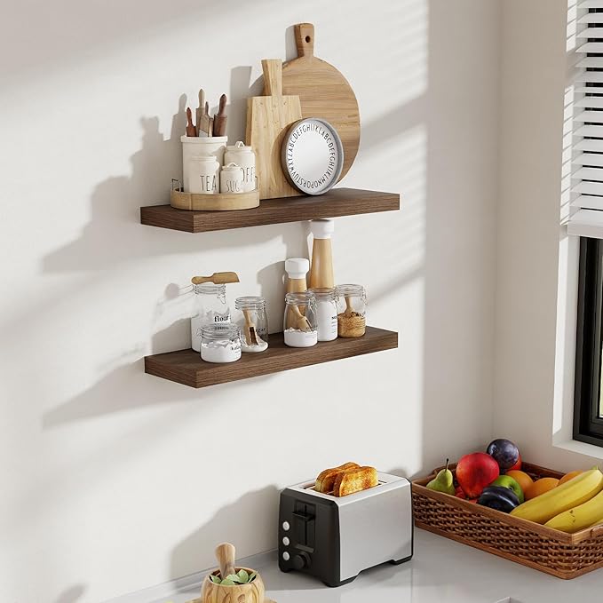 24 Inch Floating Shelves, 8 Inch Deep Floating Shelves for Wall, Hanging Shelf with Invisible Brackets, Deep Shelves for Bathroom, Bedroom, Living Room, Walnut, Set of 2-Ruum Studio Home