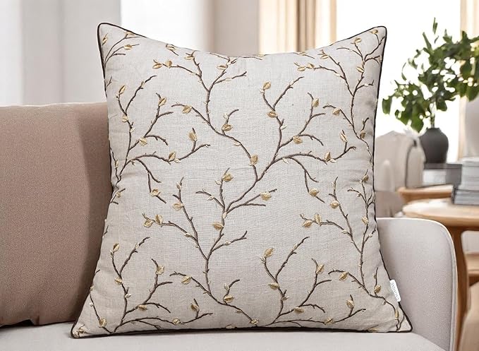 VAGMINE Embroidered Pussy Willow Throw Pillow Cover - 20x20 Inches Square - 100% Linen Natural Throw Pillowcase - Elegant Neutral Floral Design - Minimalist Rustic Home Accent for Sofa, Bed, Lounge-Ruum Studio Home
