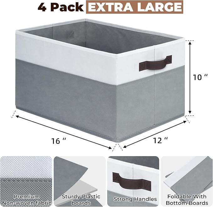 Criusia Extra Large Storage Bins 4 Pack - 16x12in Closet Organizers and Storage Baskets for Organizing Clothes Toy Blanket - Fabric Storage Cubes Containers for Shelves - All Room Organization-Ruum Studio Home