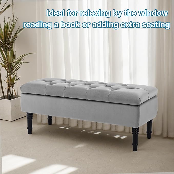Ottoman with Storage Velvet Storage Bench Holds Up to 500 lbs Ottomans Upholstered Bench with Seating for Bedroom, Living Room, Grey-Ruum Studio Home