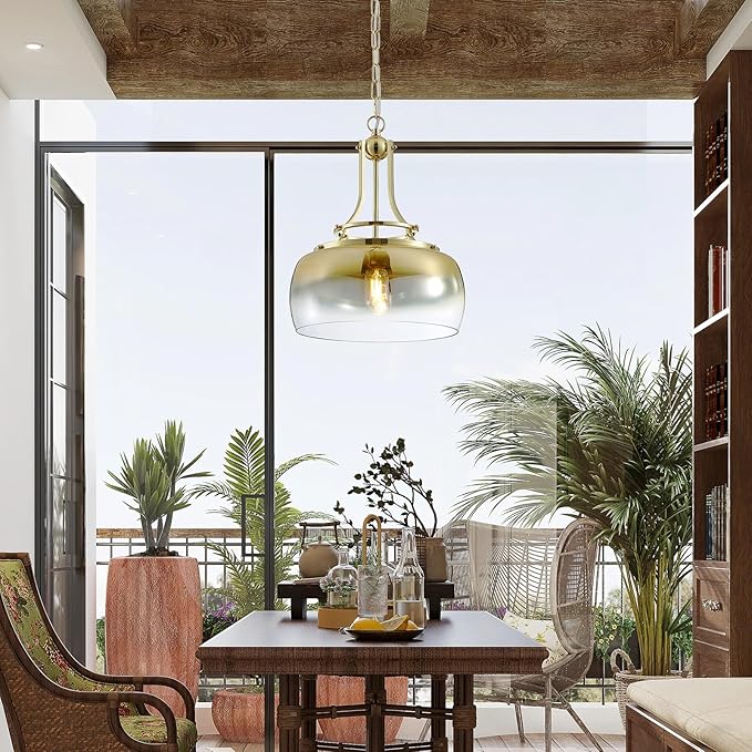 WUZUPS Gold Chandelier Rustic Farmhouse Industrial Round Ceiling Pendant LED Light Fixture with Gradient Glass Shade for Dining Room Kitchen Island Foyer Entryway, H 17" W 13.4", E26 Base-Ruum Studio Home