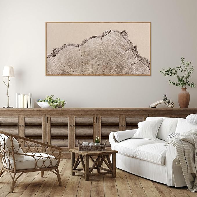 SIGNINART Large Tree Ring Framed Canvas Wall Art, Rustic Beige Wooden Wall Decor, Neutral Nature Wood Stump Artwork, Modern Art Prints for Bedroom Living Room Office 20"x40"-Ruum Studio Home