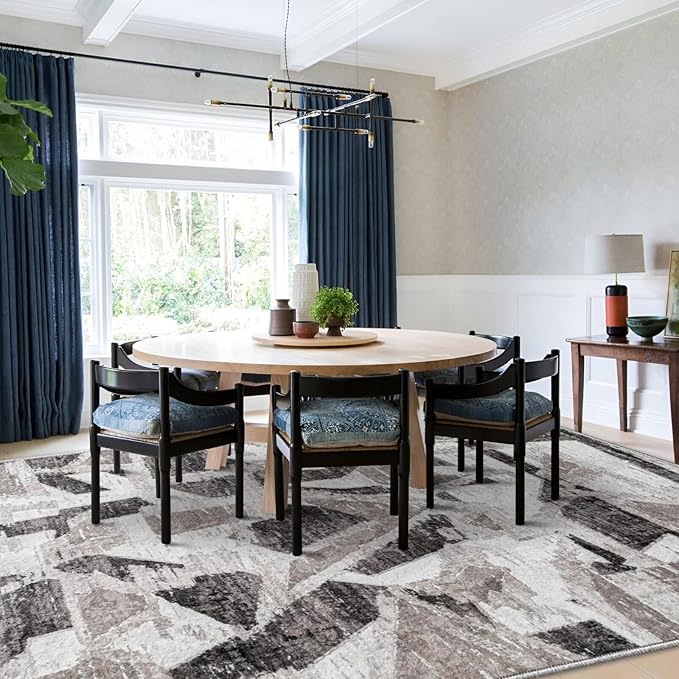 Modern Abstract 5X7 Area Rug for Living Room Bedroom Washable, with Non-Slip Rubber Backing Print Faux Wool Thin, Grey Throw Large Carpet for Kids Playroom Dining Room Pet & Child Friendly-Ruum Studio Home