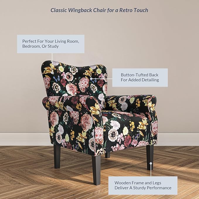BELLEZE Modern Accent Chair for Living Room, High Back Linen Armchair with Wooden Legs, Upholstered Wingback Side Chair Padded Armrest Single Sofa for Living Room, Bedroom - Allston (Black & Flower)-Ruum Studio Home