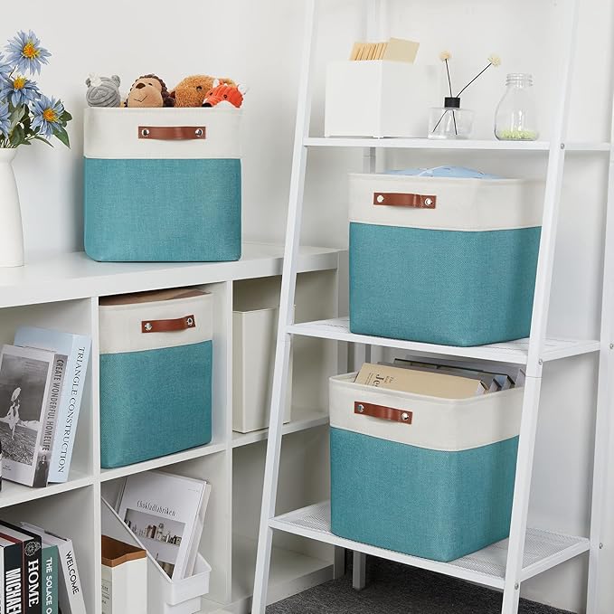 DULLEMELO Square Storage Cubes Baskets for Gifts Empty, 12 inch Cube Stroage Bins Linen Closet Organizers and Storage Baskets for Toy Nursery Shelves Bedroom Storage(4 Pack - 12" White&Teal)-Ruum Studio Home