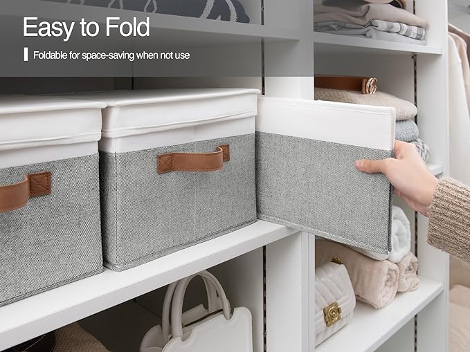 StorageWorks Large Storage Bins with Lids, Decorative Storage Boxes with Lid and PU Handles, Foldable Storage Baskets for Closet, Shelves, Stackable, Gray and White, 3-Pack-Ruum Studio Home