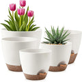 Giraffe Creation Plant Pots Set of 5 (10/9/8/7.5/7 inch), Self-Watering Indoor & Outdoor Flower Planters with Drainage Hole and Reservoir, White-Ruum Studio Home