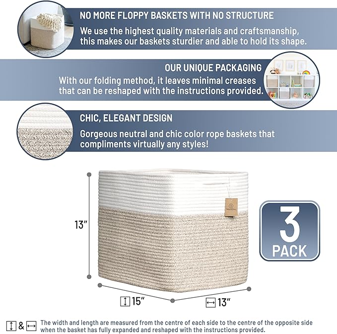 NaturalCozy 13x15x13 Kallax Storage Cubes Bins, 3 Pack | Cotton Rope Cube Storage Bin Woven Baskets for Organizing | Kallax Insert Storage Baskets for Shelves Organizer, Kids Toy, Closet Baby Nursery-Ruum Studio Home