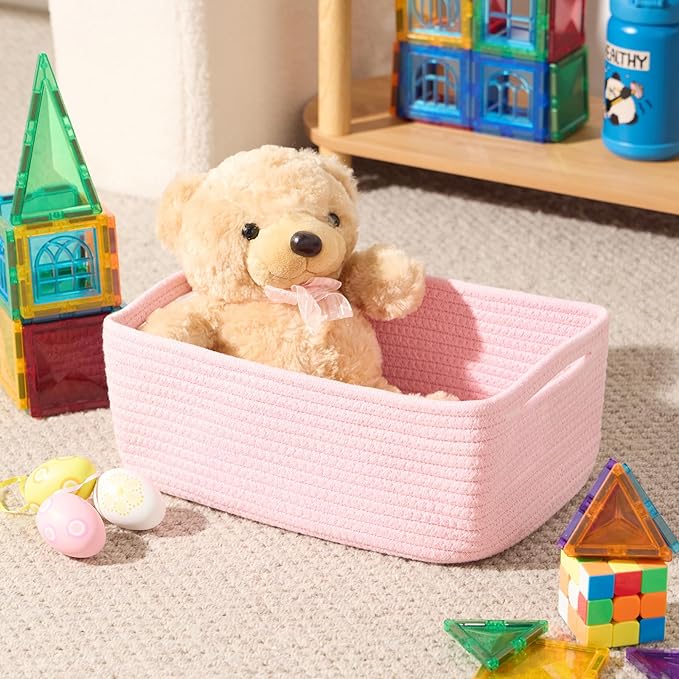Small Storage Baskets for Organizing | Closet Organizer Bins | Shelf Toy Basket | Woven Rope Baskets | Cube Decorative Box | Shallow Basket | 13x8.5x5.1” | 3 Packs Pink-Ruum Studio Home