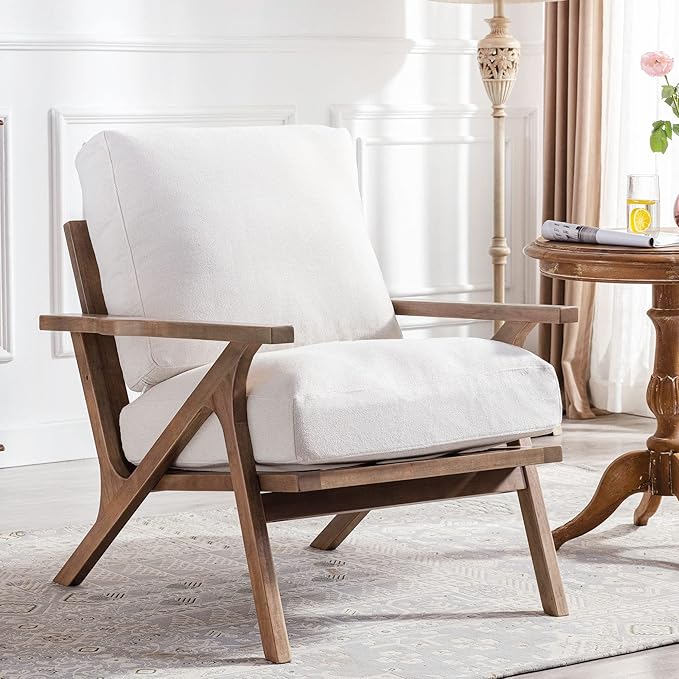 HNY Mid Century Modern Accent Chairs Set of 2, Farmhouse Linen Upholstered Armchair for Living Room, Bedroom, 23'' Seat Wide Retro Leisure Reading Chair Slipper Chair with Wood Frame, White-Ruum Studio Home