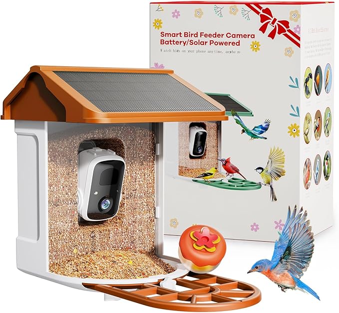 Smart AI Bird Feeder with Camera: Solar-Powered, 2K Live Video, Bird‘s Species Identification, Arrival Alerts, and Motion Capture –Wireless Bird Camera for Watching Birds (Orange)-Ruum Studio Home