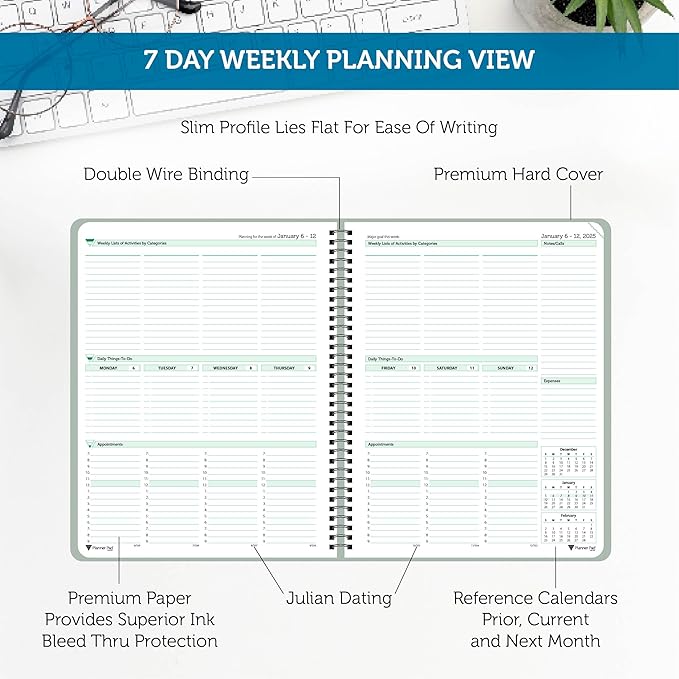 Planner Pad Spiral Bound January-December 2025/ Calendar Year 8 1/2" x 11" Large 3-Tier Funnel Down 12 Month Organizer, Greenish Grey Cover/Soft Green Ink-Ruum Studio Home