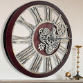 The B-Style Large Real Moving Gears Wall Clock 30 inch Rustic Retro Industrial Farmhouse Wood Clock Oversized Decorative Vintage Wall Clocks for Living Room (Cherry red and Bronze-Ruum Studio Home
