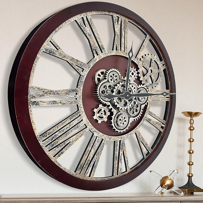 The B-Style Large Real Moving Gears Wall Clock 30 inch Rustic Retro Industrial Farmhouse Wood Clock Oversized Decorative Vintage Wall Clocks for Living Room (Cherry red and Bronze-Ruum Studio Home