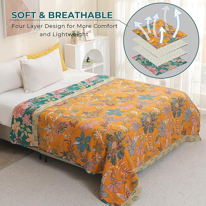 Boho Throw Blankets Reversible Luxurious Cotton Bed Throws with Vintage Bohemian Design & Yellow/Green Lightwight Floral Decor Blanket, Perfect as Bed Sofa Quilt 80" x 90"-Ruum Studio Home