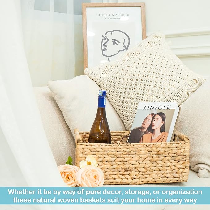 VATIMA Hyacinth Large Wicker Basket 15.5x10.8x6.2" - Rectangular, Wooden Handles, Shelf Organizer-Ruum Studio Home