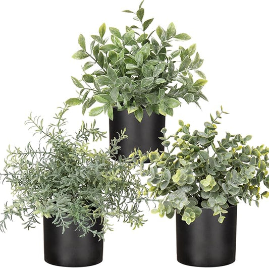 3 Pack Small Fake Plants for Shelf Decor Accents with Plastic Black Pot Artificial Potted Plants for Rustic Farmhouse Decor Faux Plants Indoor Fake Potted Plants Artificial for Home Office Decor-Ruum Studio Home
