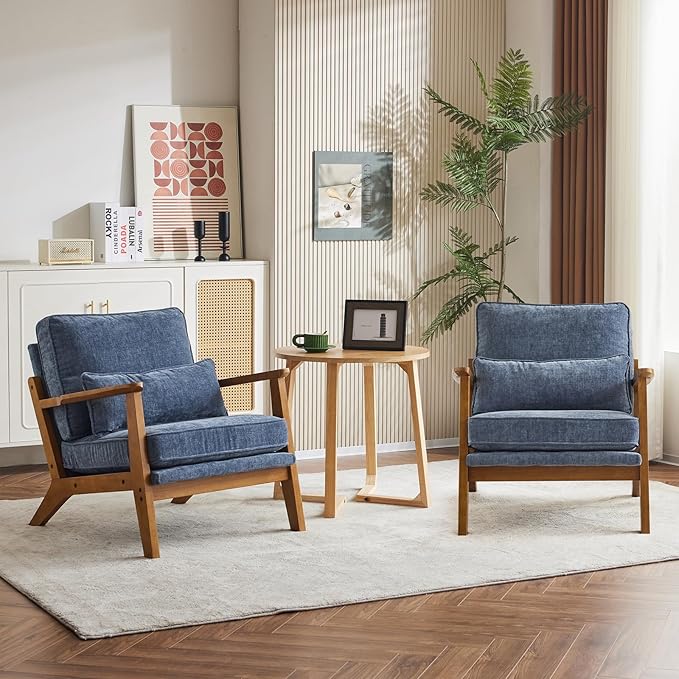 Karl home Accent Chair Wide Armrest Mid-Century Lounge Chair Chenille Armchair with Lumbar Pillow & Solid Wood Frame for Living Room, Bedroom, Balcony, Dusty-Blue-Ruum Studio Home