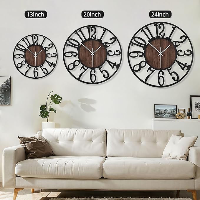 Maxstar Round Wall Clock for Living Room Decor Battery Operated Non Ticking Silent Vintage Black Metal Wood Clocks for Home Living Room Garden Farmhouse Office Kitchen Decoration -20 inch-Ruum Studio Home