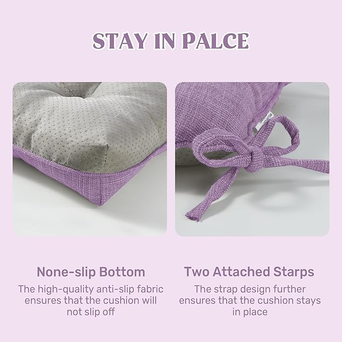 puredown® Chair Cushions for Dining Chairs, Tufted Memory Foam Chair Pads with Non-Slip Backing, Kitchen Seat Cushions with Ties, Washable Seat Pads Set of 4, 15.5" x 15.5" x 4", Purple-Ruum Studio Home