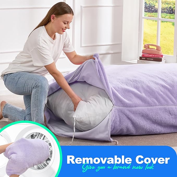Hobestluk 3 in 1 Bean Bag Chair Giant Bean Bag Chairs for Adults with Plush Faux Fur Cover Convertible Bean Bag Floor Cushion with Machine Washable Cover for Living Room (Plush Purple)-Ruum Studio Home