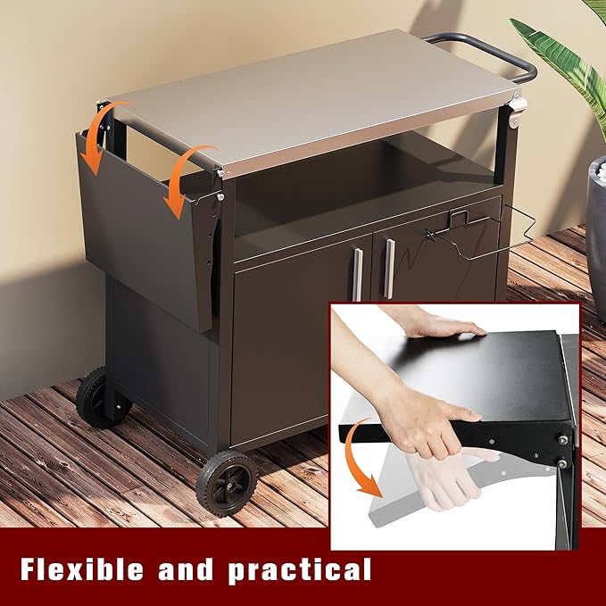 Vongrasig Grill Cart with Storage, Outdoor Bar Cart Rolling BBQ Cart Movable Pizza Oven Table Stand with Foldable Stainless Steel Top & Storage Cabinet, Black-Ruum Studio Home